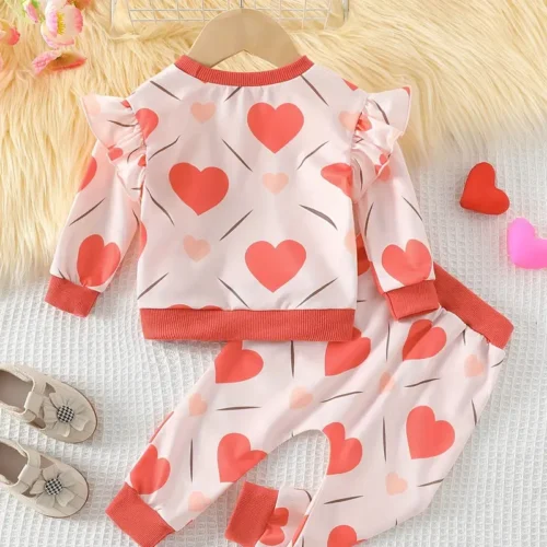 Adorable Heart Print Top & Pants Set - Image 3