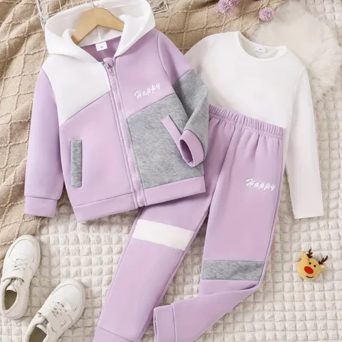 Girls' 3-Piece Color Block Hoodie Set - Image 3