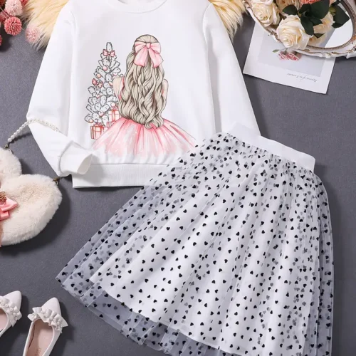 Girls' Sweatshirt With Polka Dot Mesh Skirt Set - Image 3