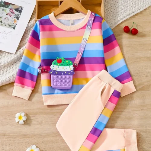 Stylish 3-Piece Rainbow-Themed Girls' Sweatshirt Set - Image 5