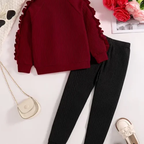 Stylish Girls' Heart-Patterned Ribbed Knit Outfit Set - Image 3