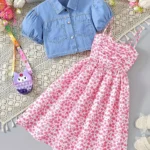 Girls' 2-Piece Puff Sleeve Denim Top