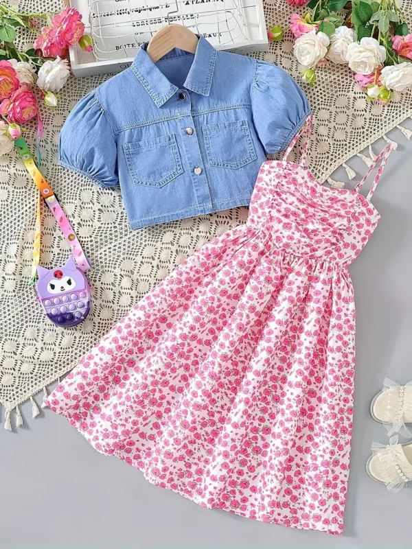 Girls' 2-Piece Puff Sleeve Denim Top