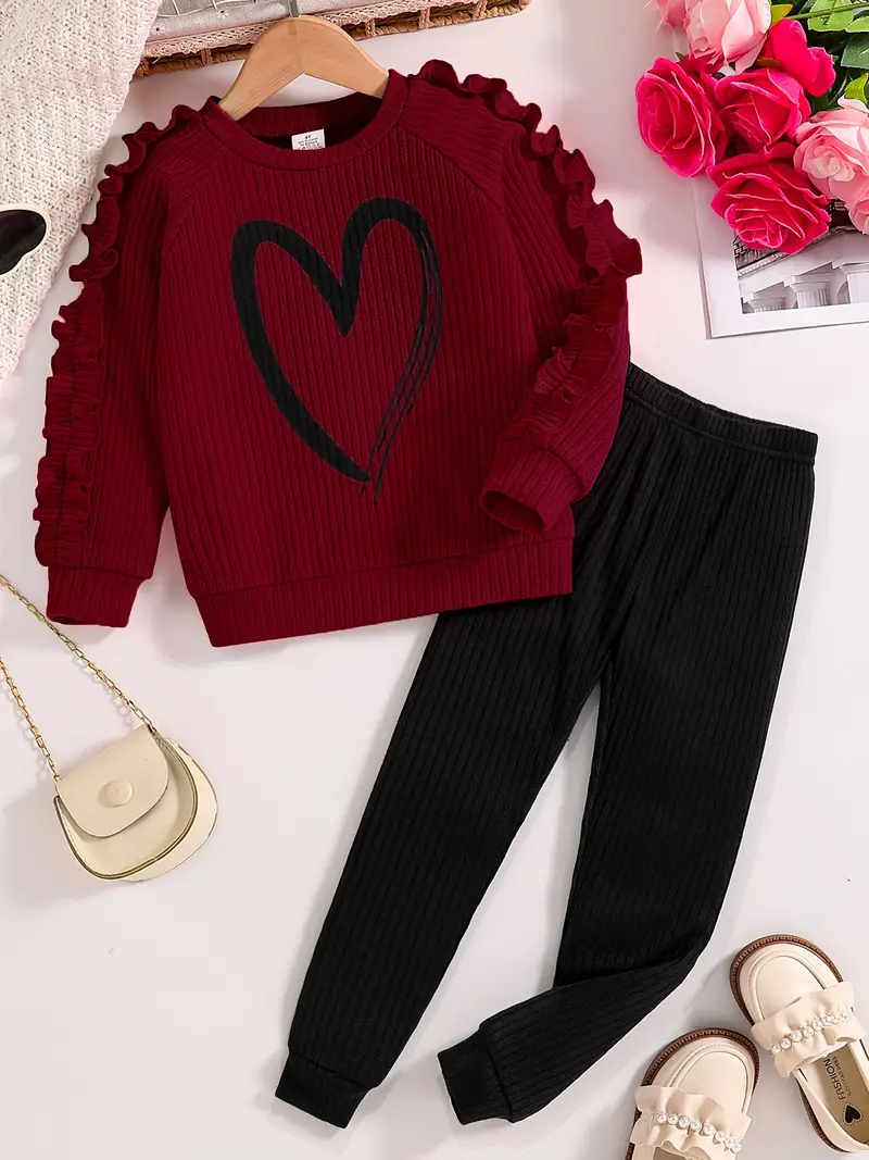 Stylish Girls' Heart-Patterned Ribbed Knit Outfit Set