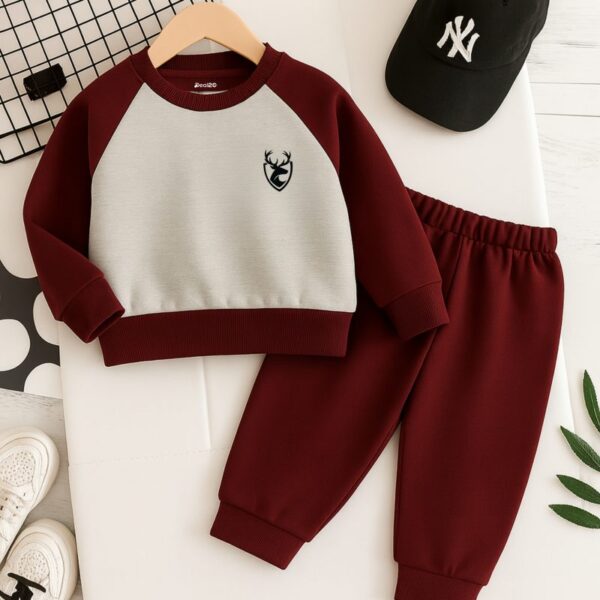 Kids Maroon–Gray Tracksuit with Cute Deer Print