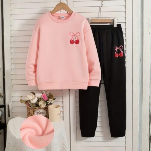 Pink Contrast Cherry Logo Sweatshirt & Jogger Tracksuit for Girls