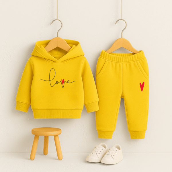 Trendy Yellow Love Graphic Hooded Tracksuit for Girls