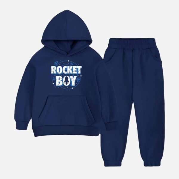 Navy Blue Rocket Boy Print Hooded Tracksuit for Young Kids