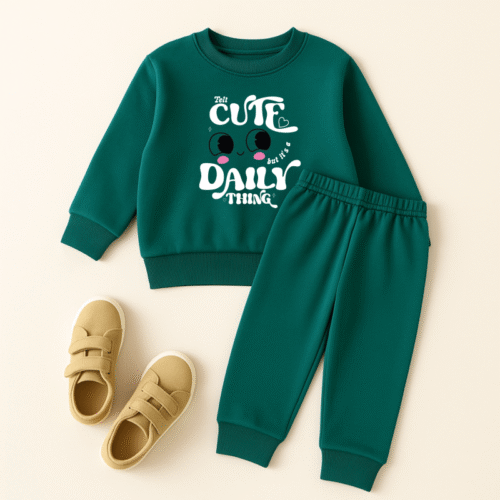Green Cute Everyday Print Sweatshirt Girl's Tracksuit