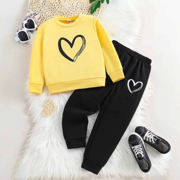 Girls’ Stylish Black & Yellow Tracksuit with Heart Graphic