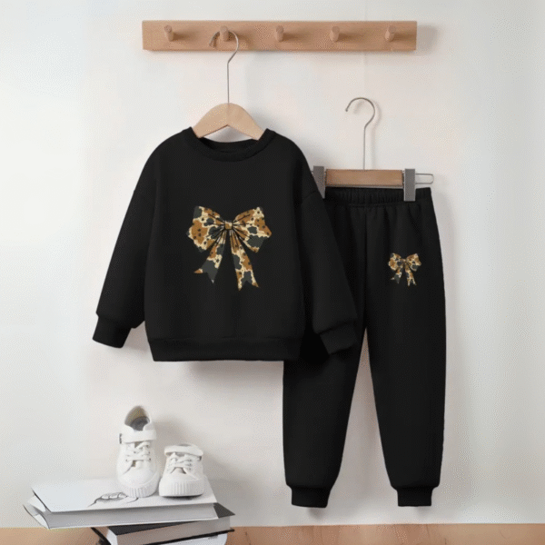 Girls’ Black Sweatshirt Tracksuit with Bow Tie Graphic