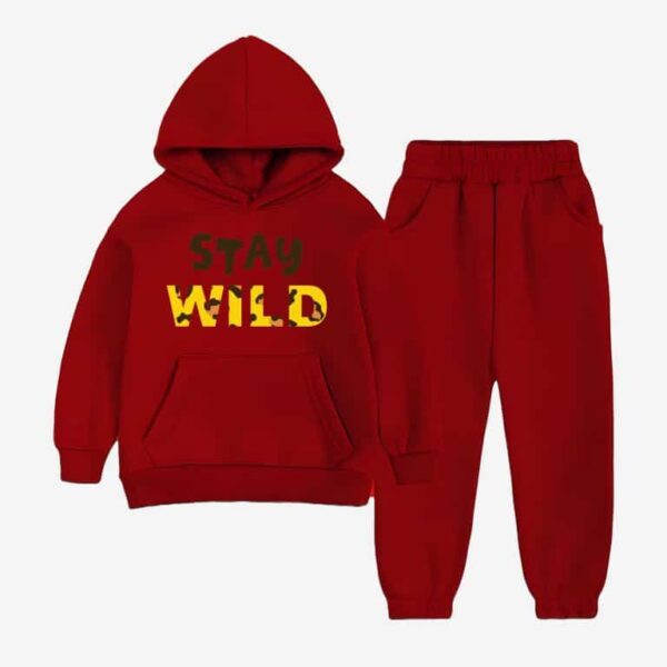 871 Maroon Stay Wild Print Hoodie Tracksuit for Kids