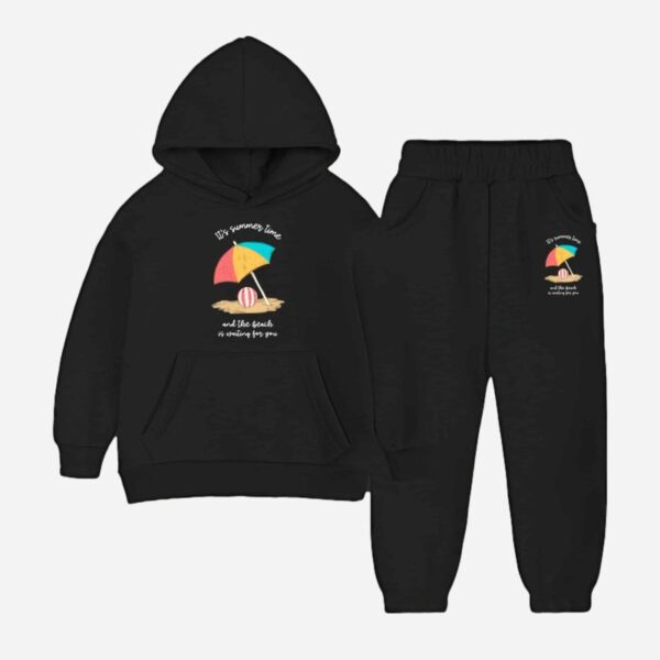 Black Casual Hoodie Tracksuit for Kids with Summer Time Design