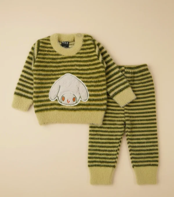 Woolen Pajama Set for Babies-Rabbit Stripes Olive Green