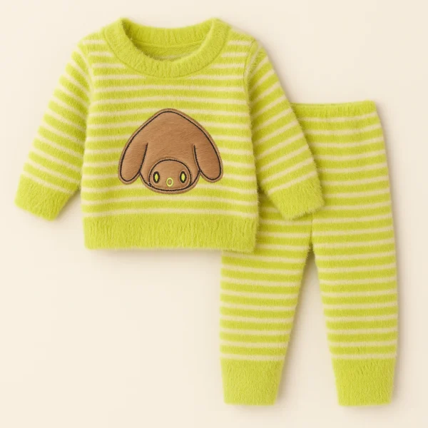 Woolen Pajama Set for Babies-Rabbit Stripes Parrot Green