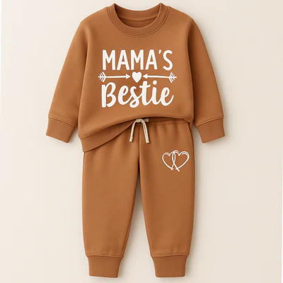 Mini Charm Light Brown “Mama’s Bestie” Kids Fleece Tracksuit