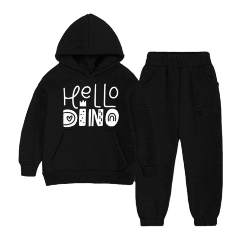 Black Hello Dino Print Hooded Tracksuit for Kids