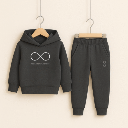 Kids Charcoal Hooded Tracksuit with Reset and Restart Print
