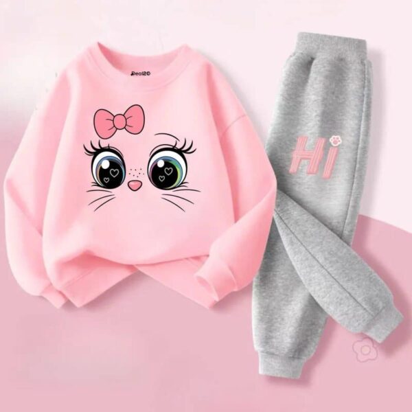 Adorable Cartoon Cat Print Tracksuit for Girls