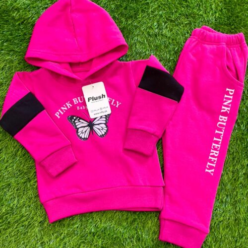 Pink Butterfly Plush Hoodie and trouser with Contrast Sleeves