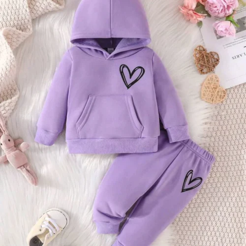 Light Purple Heart Plush Hoodie & Trouser Set