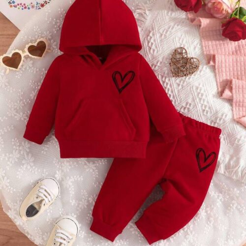 Heart Basic Red Plush Hoodie & Trouser Set