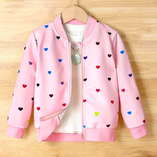 Girls’ Pink Zipper Jacket with Colorful Love Graphic