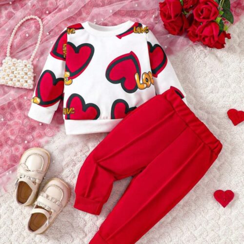 Red Heart Print Girls Shirt & Trouser Set