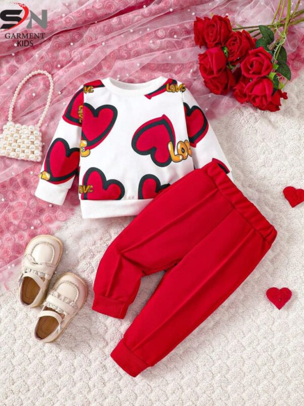 Red Heart Print Girls Shirt & Trouser Set