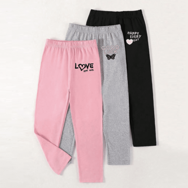 Set of 3 Letter & Heart Graphic Leggings for Girls