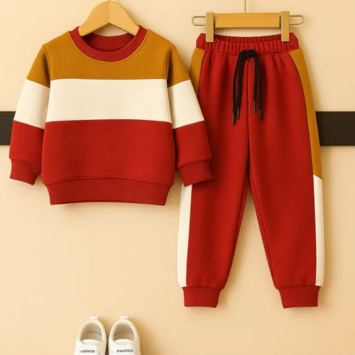 Brown, White & Red Colorblock Tracksuit for Kids