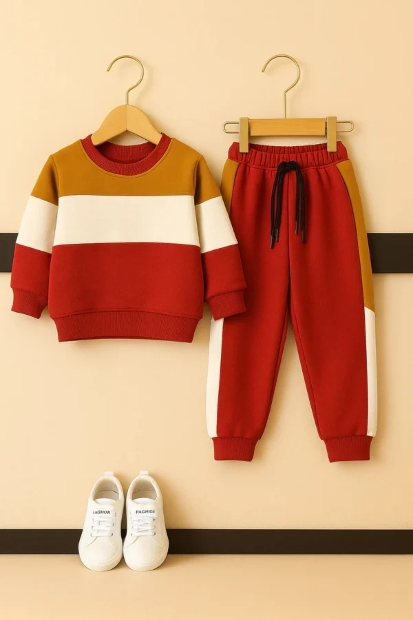 Brown, White & Red Colorblock Tracksuit for Kids