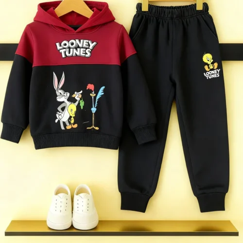 Boys’ Looney Tunes Mehroon & Black Hoodie Tracksuit