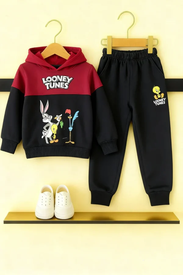 Boys’ Looney Tunes Mehroon & Black Hoodie Tracksuit