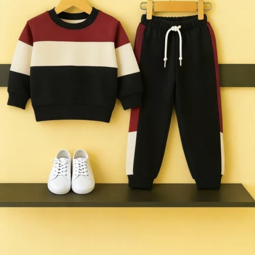 Colorblock Tracksuit – Mehroon, Black & White
